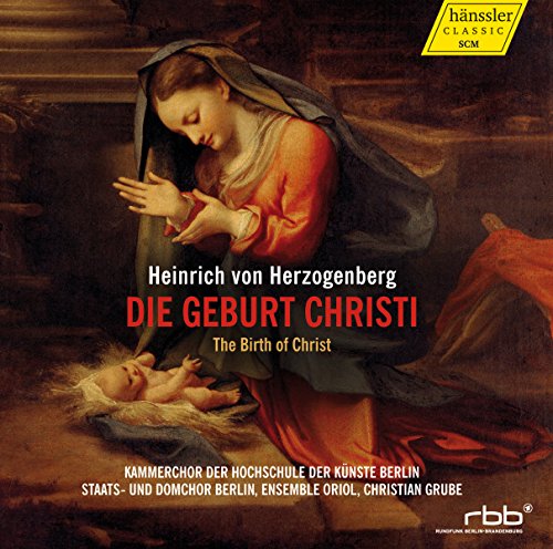 "CD cover with nativity scene: Mary praying over baby Jesus in a manger."