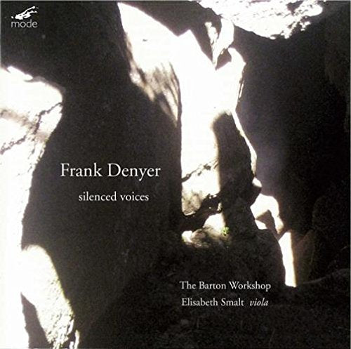 "Album cover with dark rocky cave and white text, featuring 'Frank Denyer silenced voices'."