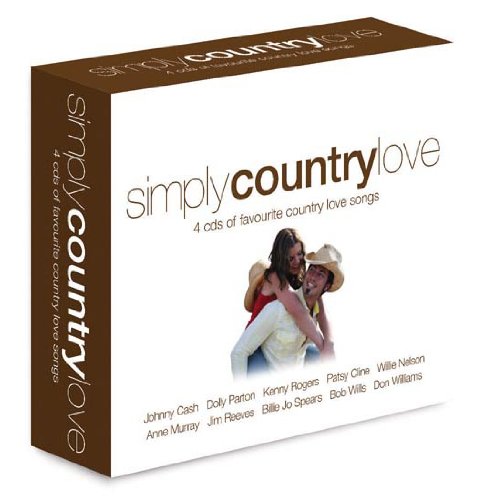 "CD cover with couple embracing, featuring country artists' names and 'simply country love' title."