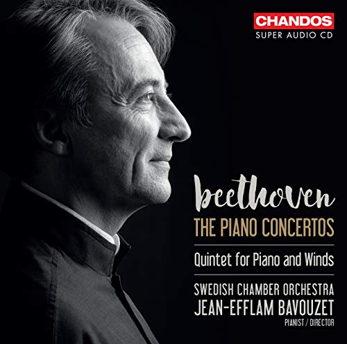 Black and white CD cover with a man's profile and text describing Beethoven's piano concertos.