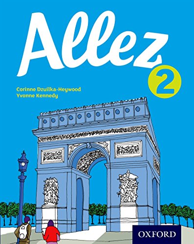 "Textbook cover with 'Allez 2' title, Arc de Triomphe illustration, and Oxford logo on blue background."