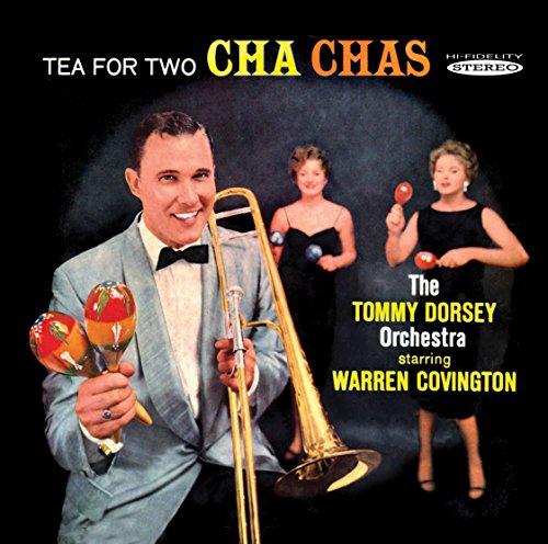 "Album cover featuring a man with a trombone and maracas, and two dancing women."