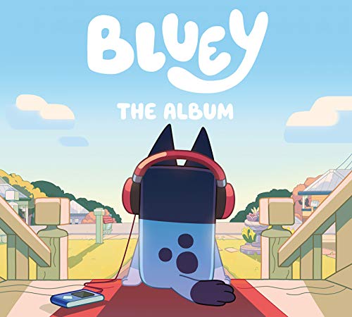 "Bluey the Album CD cover featuring a cartoon dog wearing headphones on a red rug."