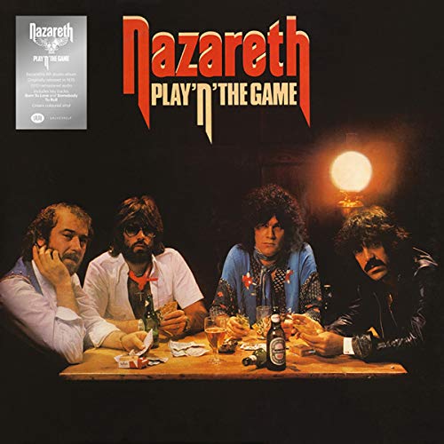 "Vinyl record cover with Nazareth band members sitting at a table with drinks."