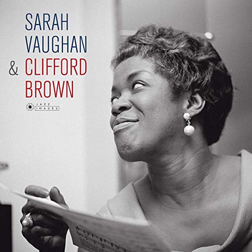 Black and white image of Sarah Vaughan holding sheet music, with text overlay on the left.