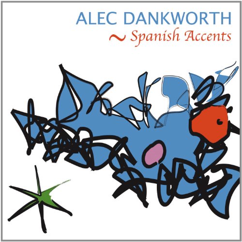 "Album cover with abstract blue, red, and green shapes on a white background."