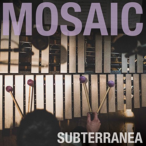 "Mosaic Subterranea CD cover featuring a person playing a xylophone with mallets."