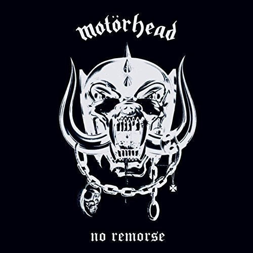 "Album cover with a silver skull on a black background, chained and horned."