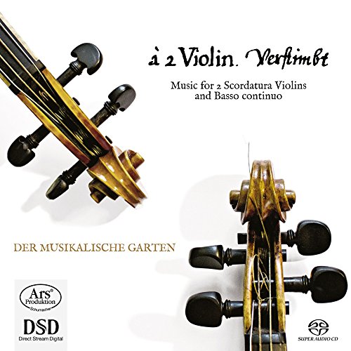 "CD cover featuring two violins with tuning pegs and strings, white background."