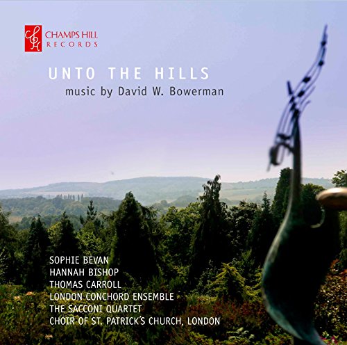 "CD cover with serene landscape, trees, and hills, featuring a blurred harp in the foreground."