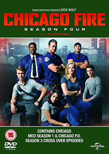 "Chicago Fire Season 4 DVD cover featuring a group of seven firefighters and medics."
