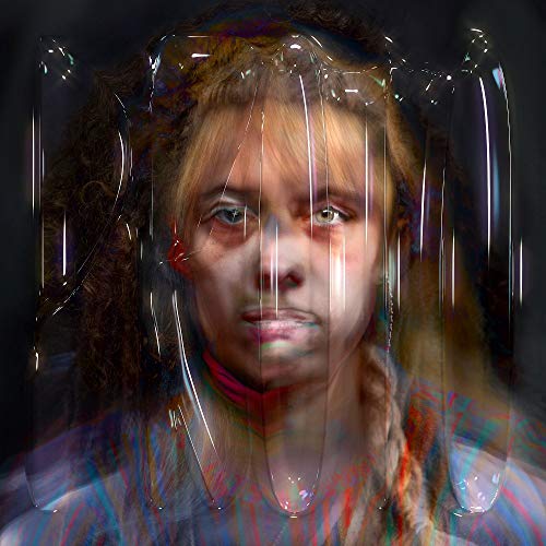 A distorted image of a woman with long blonde hair and a red choker.