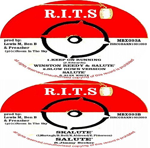 Red vinyl record with black and white labels, displaying song titles and credits.