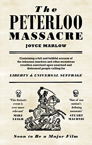 Book cover titled "The Peterloo Massacre" with illustration of man on horseback wielding sword.