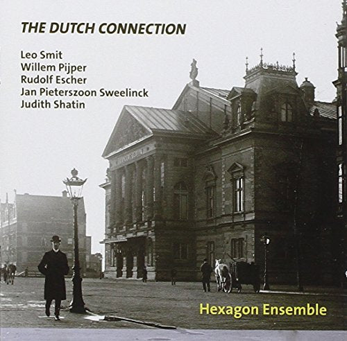 "Album cover with black and white image of man standing near a large building."