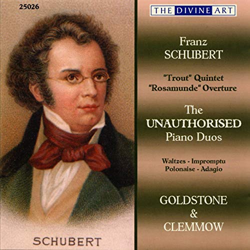 "CD cover featuring Franz Schubert portrait and text describing piano duos."
