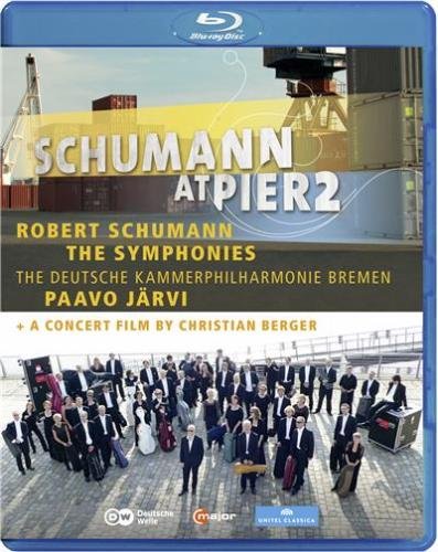 Blue-ray case cover with "Schumann at Pier 2" text and orchestra photo.