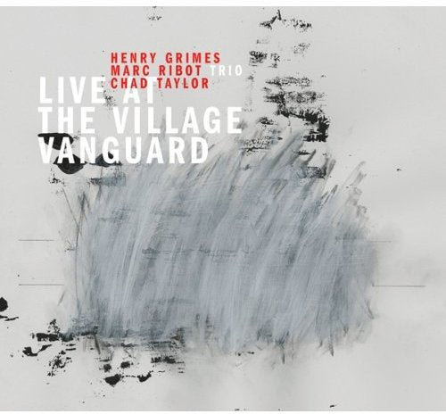 Album cover with abstract blue brushstrokes and white and red text on grey background.