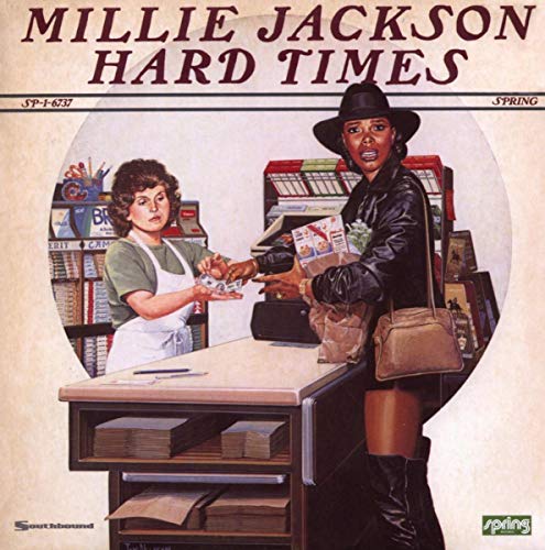 Millie Jackson's "Hard Times" CD cover featuring a woman buying records from a store clerk.