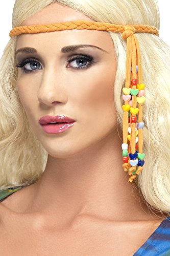 A model wearing a brown beaded headband with colorful beads hanging from the side.