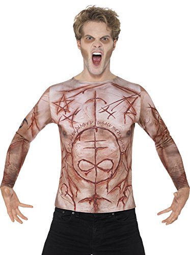 Man wearing a red, mutilated skin long-sleeve shirt, screaming with hands outstretched.