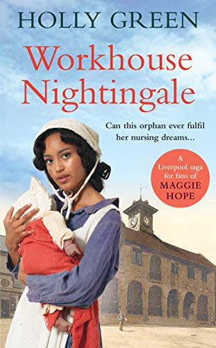 The image depicts a book cover with a woman in a nurse's uniform holding a baby, set against a backdrop of a large building. Alt text: Woman in nurse's uniform holding a baby, with a large building behind.