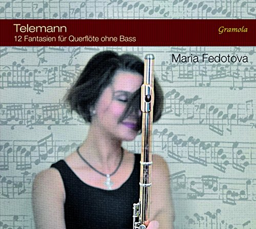 A woman holding a flute in front of her face, music notes in the background.