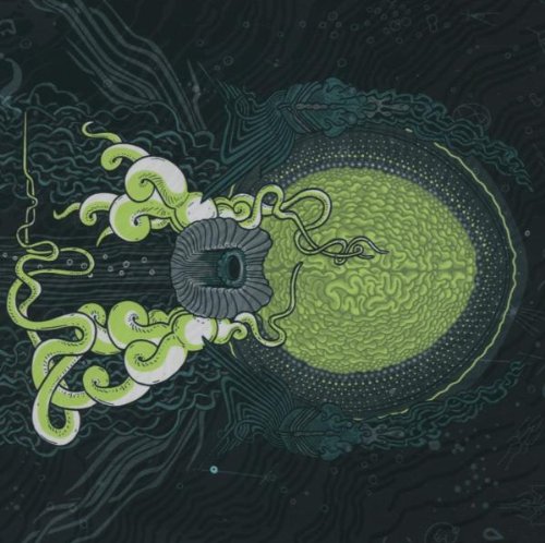 Album cover: green abstract illustration of an eye and brain on a black background.