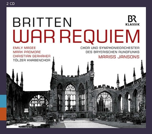 "CD cover with ruined church and 'Britten War Requiem' title in black and red."