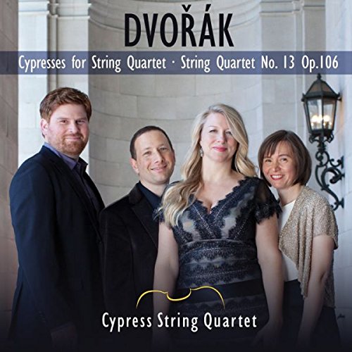 "CD cover featuring the Cypress String Quartet standing together, smiling, in formal attire."