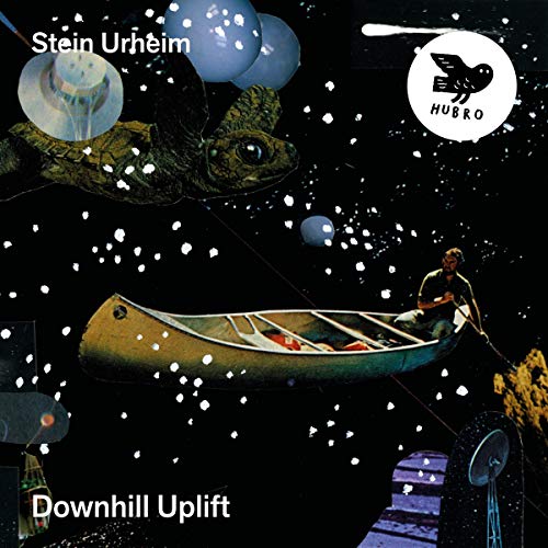 "Album cover with man in a canoe, surrounded by surreal, space-like elements."