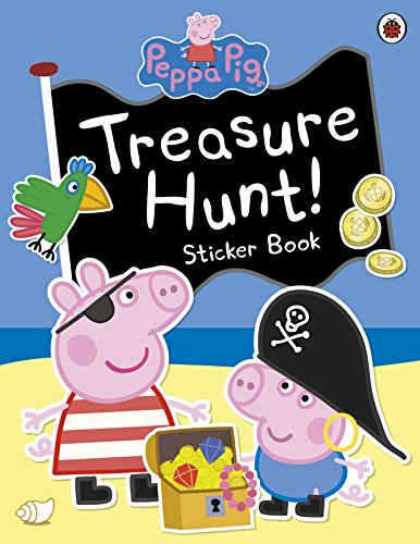"Peppa Pig sticker book cover featuring cartoon pigs on a sandy beach with a treasure chest."