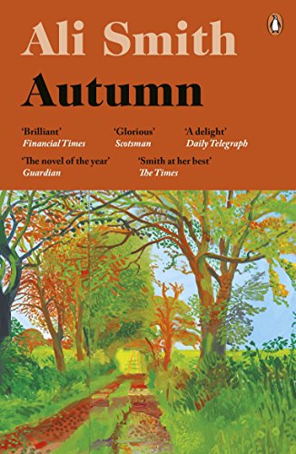 "Book cover with 'Autumn' by Ali Smith, featuring a vibrant tree-lined path illustration."