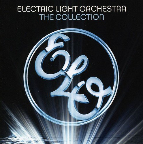 "CD cover with 'ELO' logo in a circle, on a black background with light beams."