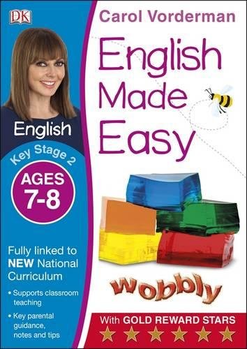 "Book cover with 'English Made Easy' title, smiling girl, and colorful exercise books."
