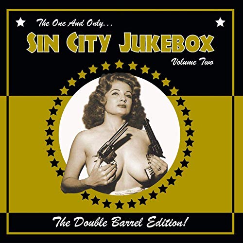 Album cover with pin-up woman holding guns, black and gold design.