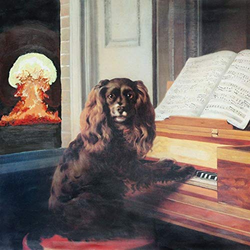 "Album cover art: a dog sits at a piano with an explosion in the background."