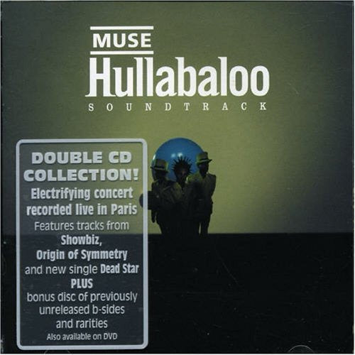 "Muse Hullabaloo Soundtrack CD cover with three silhouetted figures and a blue orb."