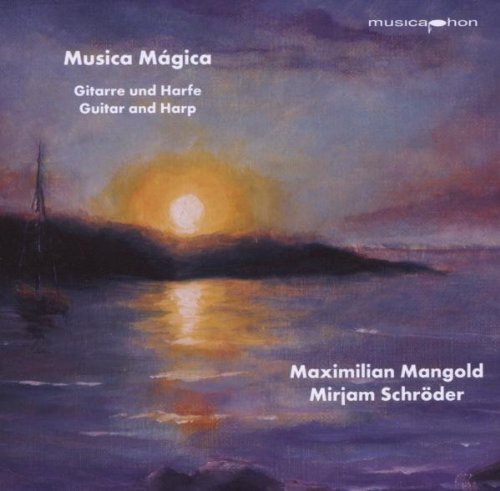 "Album cover with serene lake scene at sunset, featuring artist names and title."