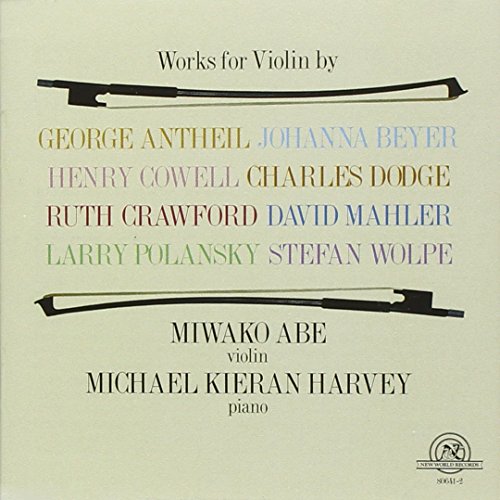 A CD cover with beige background, featuring violin illustrations and multicolored composer names listed.