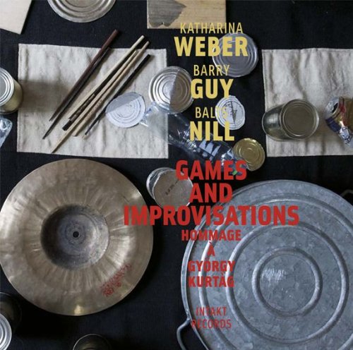 "CD cover with cymbals, drumsticks, and metal cans on a dark background."