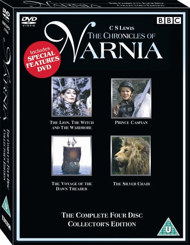 "The Chronicles of Narnia" DVD box set with four character images on black background.