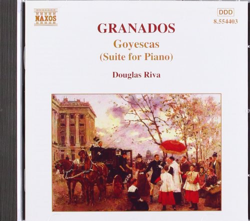 "CD cover with 'Granados Goyescas' in red, featuring a 19th-century street scene painting."