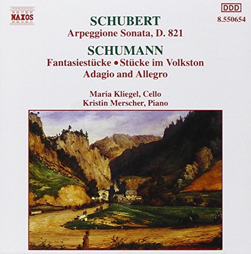 "CD cover with landscape painting and text listing Schubert and Schumann compositions."