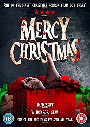 DVD cover for "Mercy Christmas" with a bloody foot protruding from a gift box.