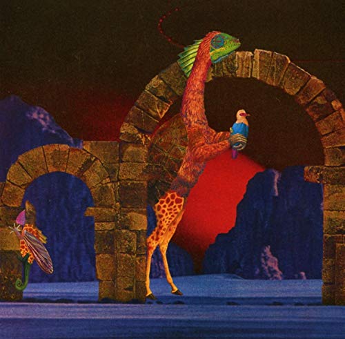 "CD cover art featuring a giraffe, parrot, and fantastical creatures in an arched stone setting."