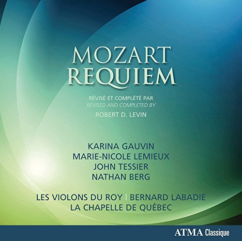 "CD cover with blue-green gradient background, featuring 'Mozart Requiem' title and performer names."