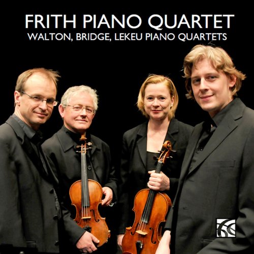 "CD cover featuring the Frith Piano Quartet members in black, holding violins."