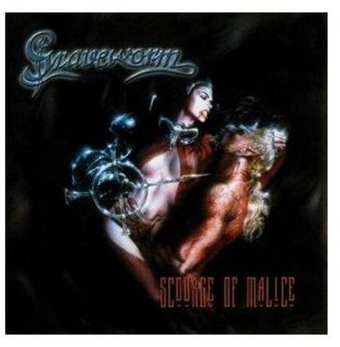"CD cover art: dark, surreal image of a man and woman, with 'Graveworm' and 'Scourge of Malice' text."