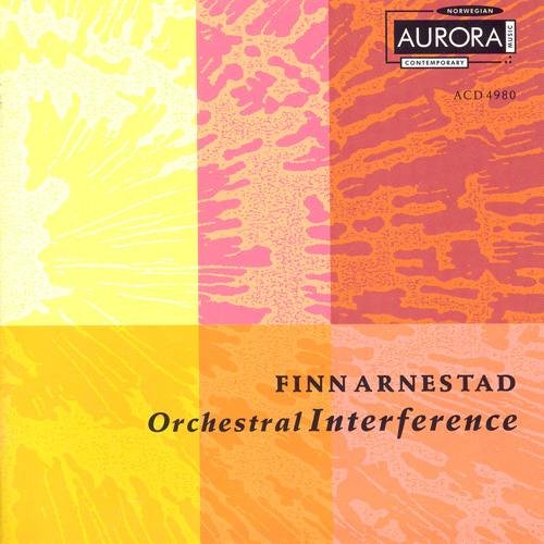 "Finn Arnestad's 'Orchestral Interference' CD cover with yellow background and collaged red and green images."